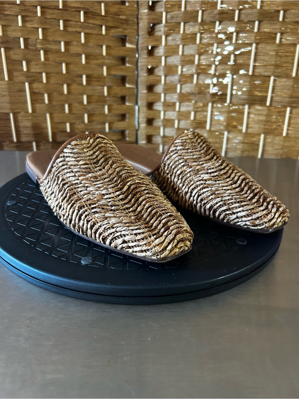 🇪🇸Chocolate Blu Woven Raffia Pointed Toe Mule Flats Made in Spain Size 38